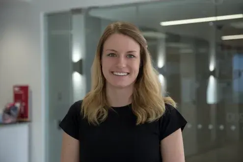 Woman with glass door background